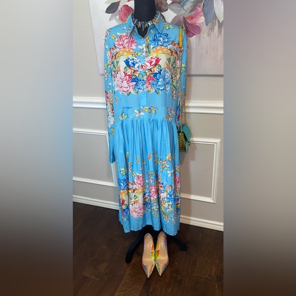 Blue Floral Collared Bishop Sleeve Dress || Size 2XL - Picture 8 of 14